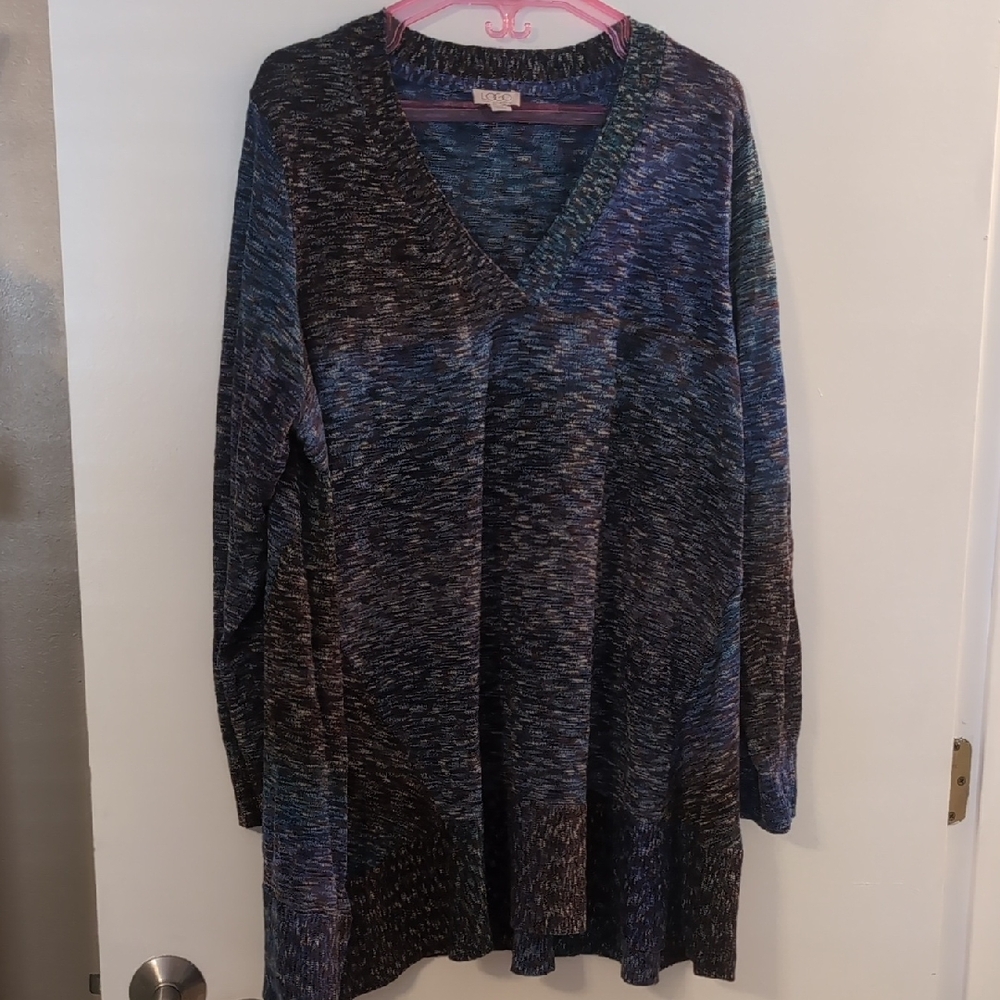 LOGO by Lori Goldstein 2X Blue and Black Knit V-neck Sweater, Long Sleeves